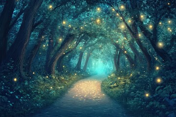 Obraz premium Enchanting Firefly Lit Forest Path at Night