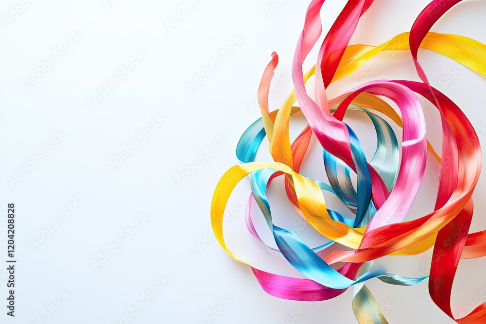Poster dynamic swirl of colorful ribbons forming shape of globe set against clean white surface