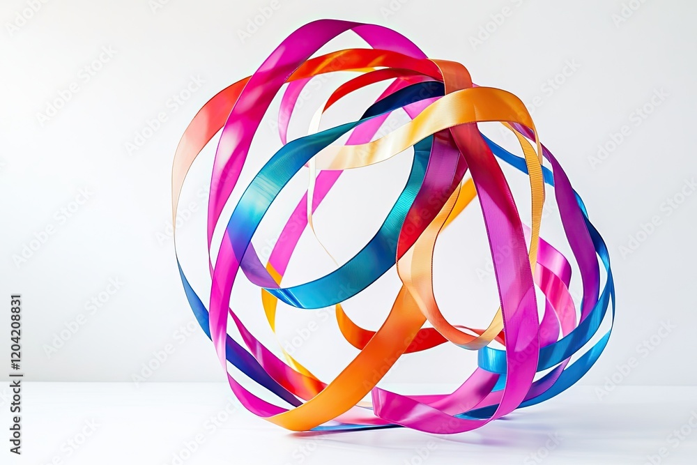 Poster dynamic swirl of colorful ribbons forming shape of globe set against clean white surface