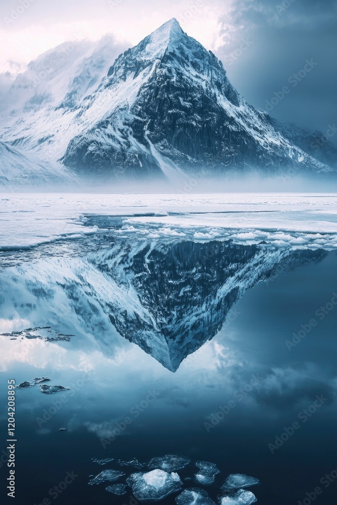 Poster dynamic view of mountain reflected in icy lake with jagged edges and soft light creating contrast