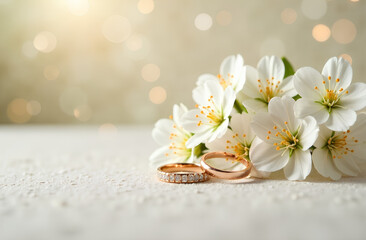Wedding rings on light festive background with white blossom flowers
