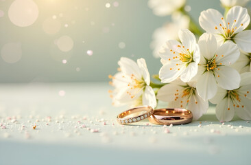 Wedding rings on light festive background with white blossom flowers