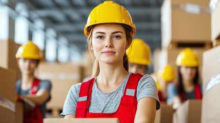 Female Loader Leading Group with Boxes in Warehouse Environment, Young woman loading boxes concept.