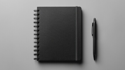 A textured black notebook lies open beside a polished black pen on a pristine gray surface, creating a serene and minimalistic workspace ideal for creative thoughts and organization