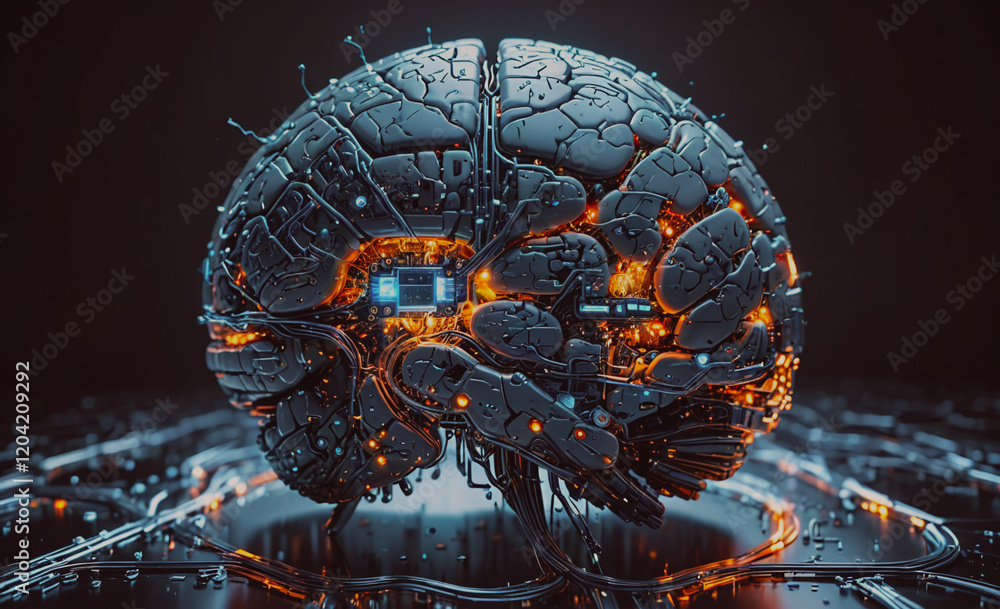 Poster a brain with wires and circuits is shown in a dark background. the brain is glowing with a blue ligh