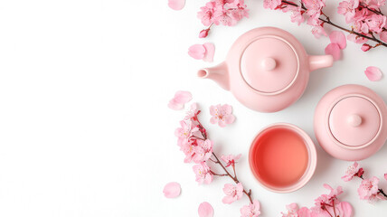 A serene layout featuring a pink teapot, a matching cup, and delicate cherry blossoms, creating a calming tea scene.