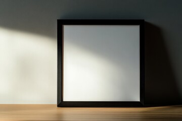 Fototapeta premium Minimalist frame resting on a wooden surface with soft light highlighting its edges and a blank canvas ready for creativity