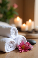 A composition of soft white towels and burning candles, as an illustration of relaxation in a spa center, relaxation and restoration of health after a massage