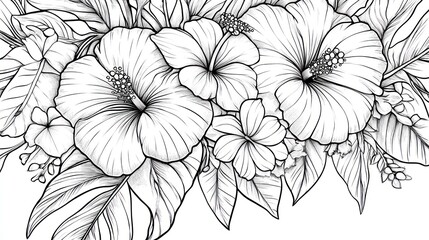 Detailed line art of hibiscus flowers and tropical leaves, a coloring page style botanical illustration