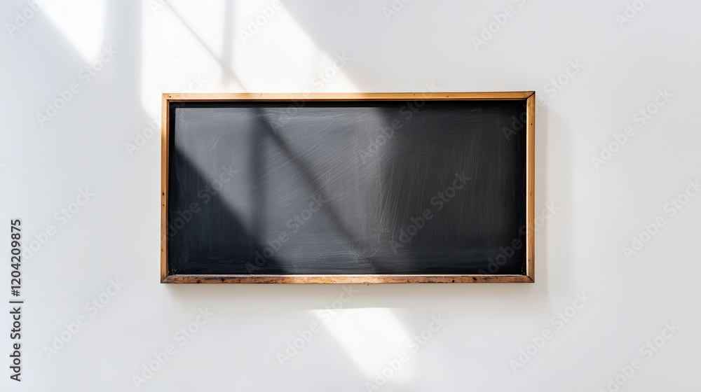 Poster blackboard positioned on a white wall, with subtle reflections of light creating a soft glow on the 