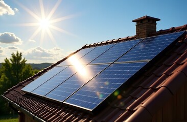 solar panel installed on a rooftop, gleaming under the bright rays of the sun