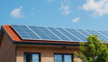 Fototapeta premium Solar panel installation on modern building, renewable energy, isometry, with white tones