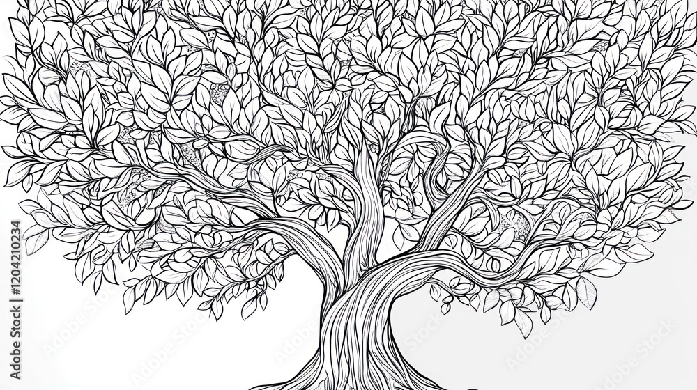 Poster detailed line drawing of a tree with abundant leaves and visible tree trunk roots