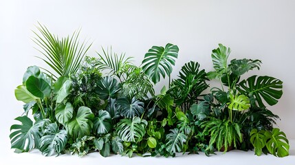 Lush Green Tropical Plants Arranged Against White Wall