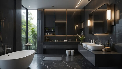   modern  bathroom  design  interior  black color background and white and warm  light items and Room accessories