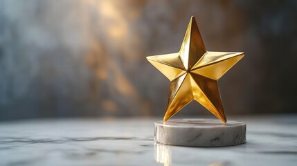 Gold star trophy on marble base with soft light and elegant background