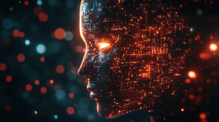 Futuristic AI face with glowing circuit board texture