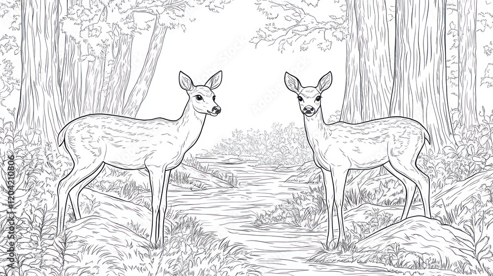 Poster two deer standing in a forest clearing with tall trees and a stream in black and white line art