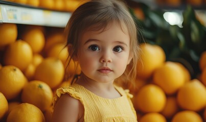 Child stands among fresh oranges in a grocery store