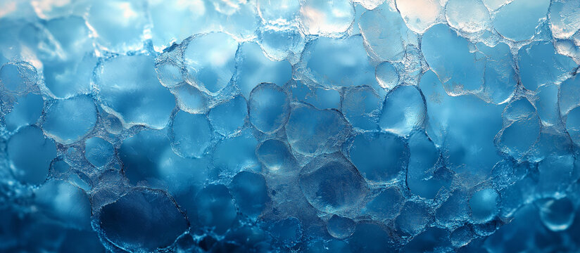Frozen pattern on winter window. Blue ice winter background, texture blue wallpaper. Banner of fozen blue background.