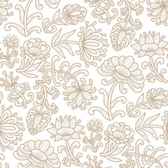 Abstract swirl flowers, paisley floral pattern, beige and white colors. Seamless floral pattern-611.