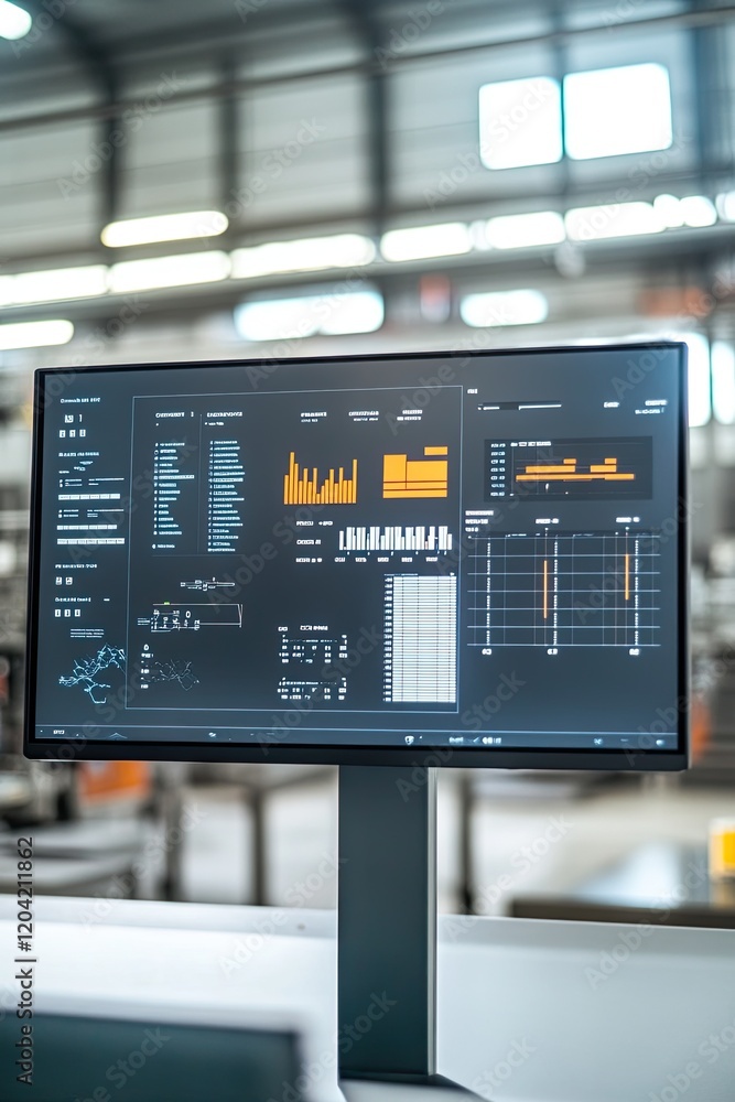 Poster minimalist logistics dashboard displayed on large monitor in control room with blurred activity in b