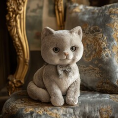 Plush gray cat with bow sitting on vintage velvet chair in elegant decor