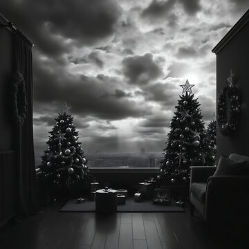 Fototapeta Dramatic black and white Christmas scene with two decorated trees, gifts, and stormy city view from large window.