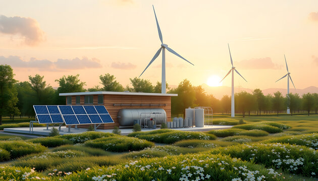 Solar Panels and Wind Turbines Powering Building, Renewable Energy