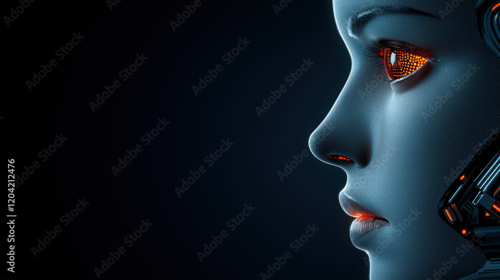 Poster futuristic robot face with glowing features and intricate details