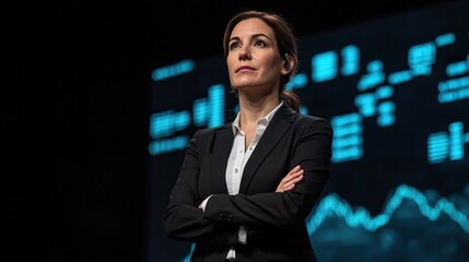 Confident Female Speaker Presenting on Stage with Data Visualization, Successful female presenter concept.