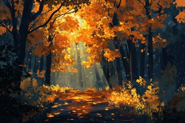 Autumn Path Through Golden Forest Canopy