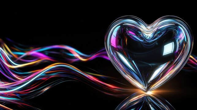 reflective heart ornament glowing softly on black background with vibrant neon light trails