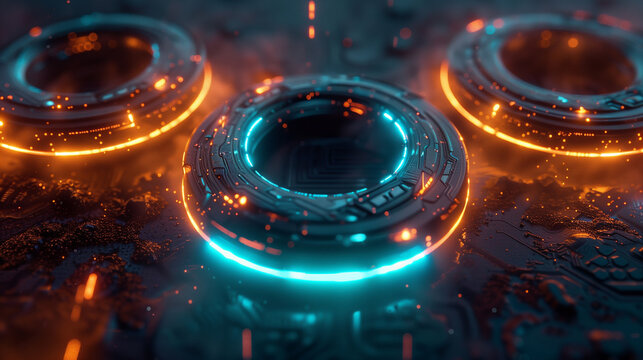 Futuristic Rings with Neon Glow and Circuitry