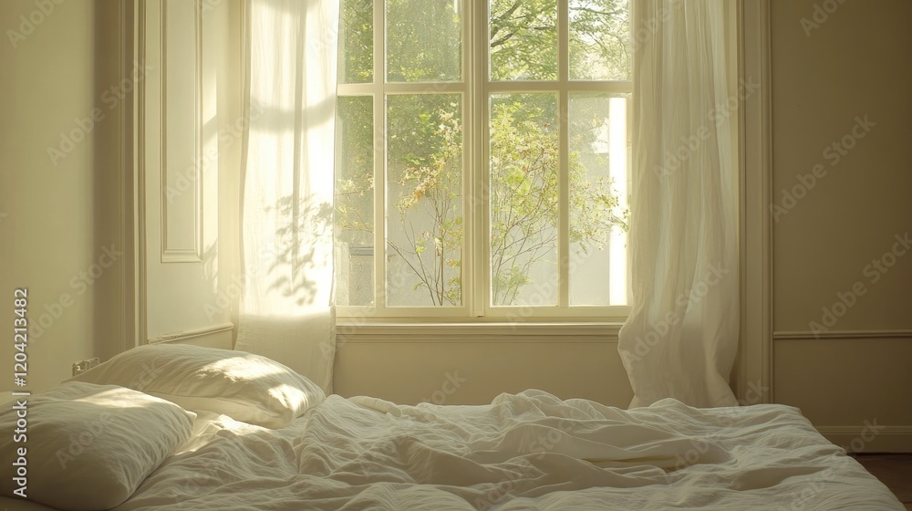 Poster serene bedroom with neatly folded linens and open window letting in natural light offering generous 