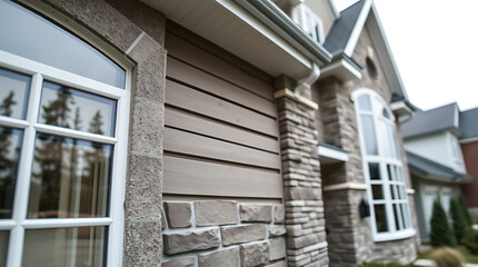 Modern House Exterior: Stone and Wood Design. High-end residential architecture, showcasing a beautiful facade with stone and wood siding. Ideal for real estate and home design inspiration.