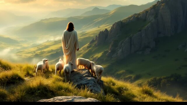 Jesus the Good Shepherd Watches Over His Flock in a Serene Valley