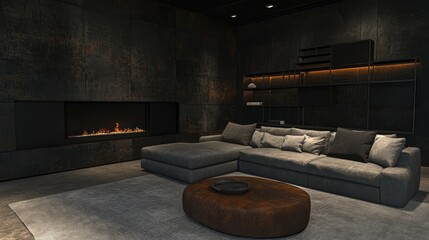 Sofa in modern dark living room with lit fireplace, spotlight background, for interior design