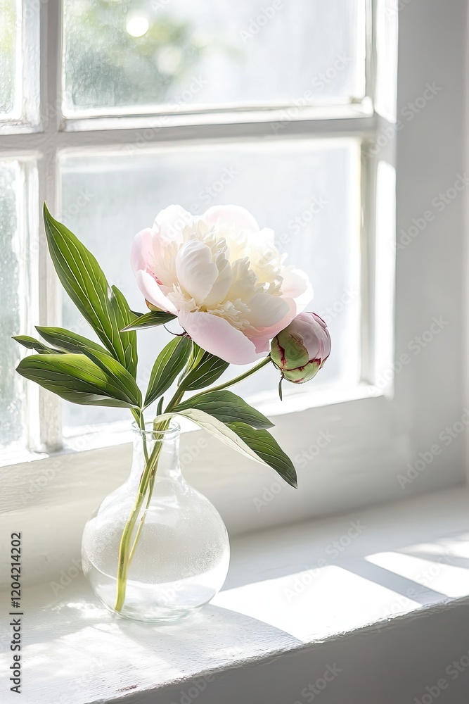 Poster single peony in glass vase placed on bright windowsill with soft light creating gentle shadows