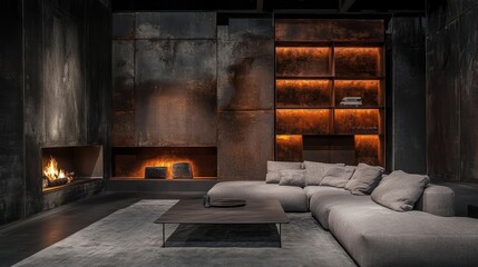 Sofa by a fireplace in a room, backlit shelves, background, for display