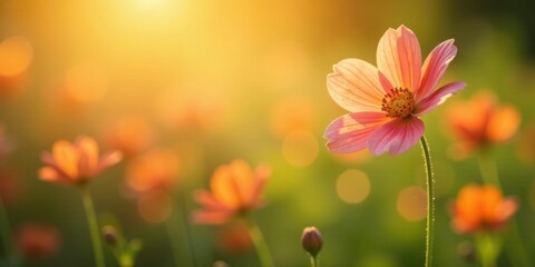 Fototapeta premium Golden Hour Bloom A Single Pink Flower Basking in the Warm Sunset Light, Surrounded by a Field of Softly Focused Companions