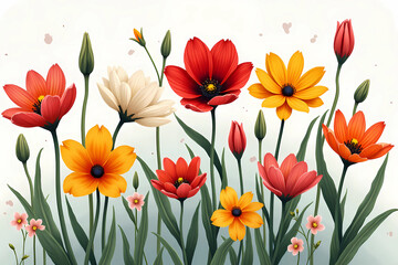 Vibrant watercolor style spring wildflowers in red, orange and white on a soft pastel background