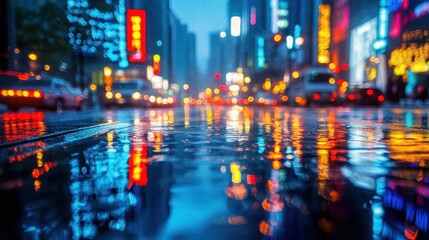 Obraz premium Urban cityscape at night, close-up of streetlights reflecting off wet pavement, vibrant city lights and towering buildings