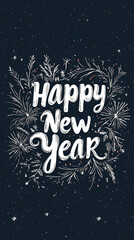 Happy New Year text design with hand-lettered typography and decorative elements on a dark background