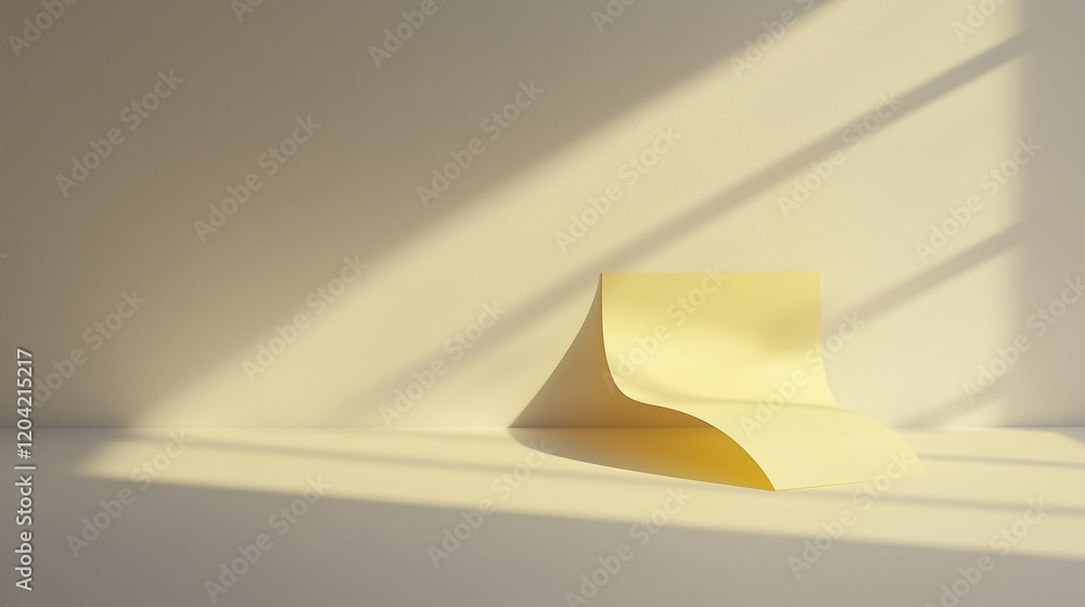 Poster yellow sticky note with a curl at the corner, resting on a blank white table, illuminated by soft di