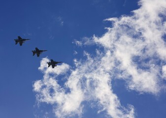 F16 Military fighter jets flying overhead