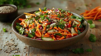 vibrant salad with colorful vegetables and seeds placed on rustic wooden table with natural lighting