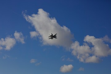 F16 Military fighter jet flying overhead