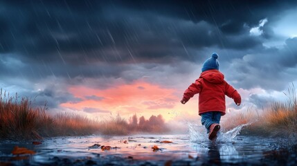 Obraz premium Child in Red Jacket Running Through Puddle on Rainy Day with Dramatic Sky and Colorful Sunset Background