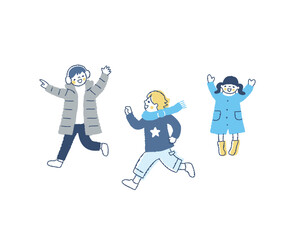 元気に遊ぶ冬服の子供達